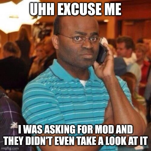 Calling the police | UHH EXCUSE ME; I WAS ASKING FOR MOD AND THEY DIDN'T EVEN TAKE A LOOK AT IT | image tagged in calling the police | made w/ Imgflip meme maker
