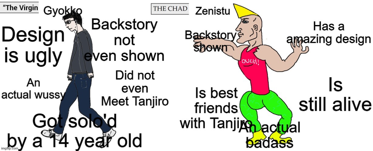 The Virgin Gyokko vs The Chad Zenistu | image tagged in memes,funny,lol,virgin vs chad,shitpost | made w/ Imgflip meme maker