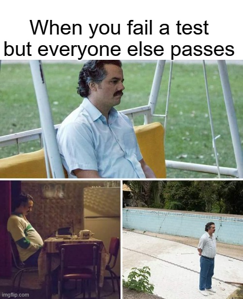 Sad Pablo Escobar Meme | When you fail a test but everyone else passes | image tagged in memes,sad pablo escobar | made w/ Imgflip meme maker