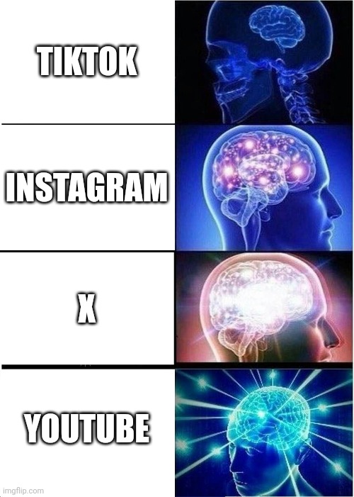 Expanding Brain | TIKTOK; INSTAGRAM; X; YOUTUBE | image tagged in memes,expanding brain | made w/ Imgflip meme maker