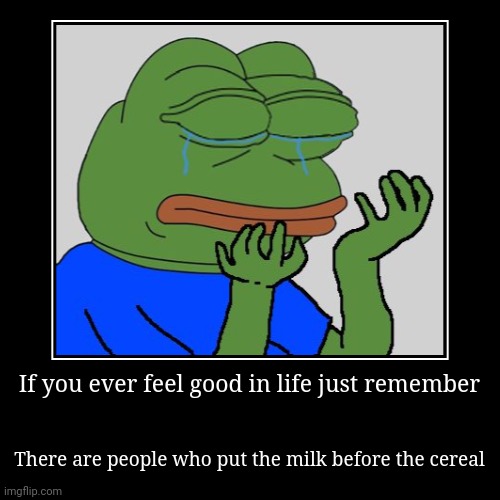 If you ever feel good in life just remember | There are people who put the milk before the cereal | image tagged in funny,demotivationals | made w/ Imgflip demotivational maker