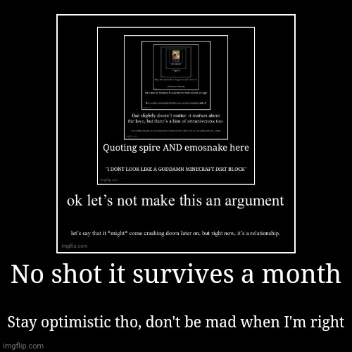 "Ignorance is bliss, but ignorance never lasts" -skibble | No shot it survives a month | Stay optimistic tho, don't be mad when I'm right | image tagged in funny,demotivationals | made w/ Imgflip demotivational maker