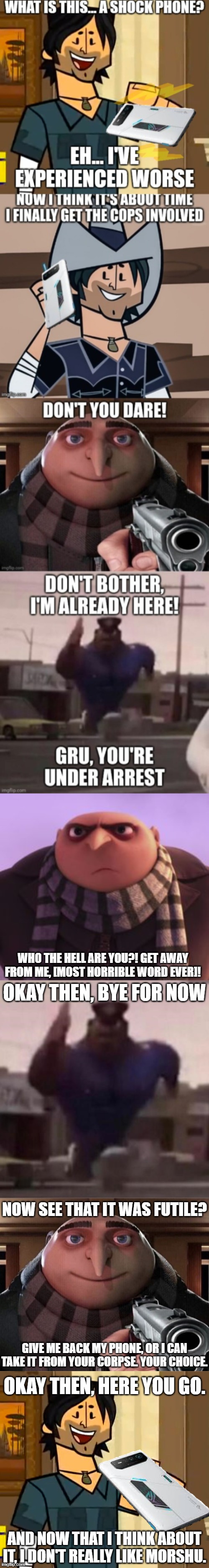 Gru drops the Hard R | WHO THE HELL ARE YOU?! GET AWAY FROM ME, [MOST HORRIBLE WORD EVER]! OKAY THEN, BYE FOR NOW; NOW SEE THAT IT WAS FUTILE? GIVE ME BACK MY PHONE, OR I CAN TAKE IT FROM YOUR CORPSE. YOUR CHOICE. OKAY THEN, HERE YOU GO. AND NOW THAT I THINK ABOUT IT, I DON'T REALLY LIKE MORSHU. | image tagged in angry gru,officer earl running,gru gun,total drama island chris mclean 2 | made w/ Imgflip meme maker