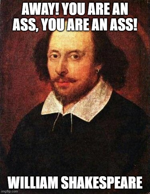 You are an ass! | AWAY! YOU ARE AN ASS, YOU ARE AN ASS! WILLIAM SHAKESPEARE | image tagged in shakespeare,ass,insult | made w/ Imgflip meme maker