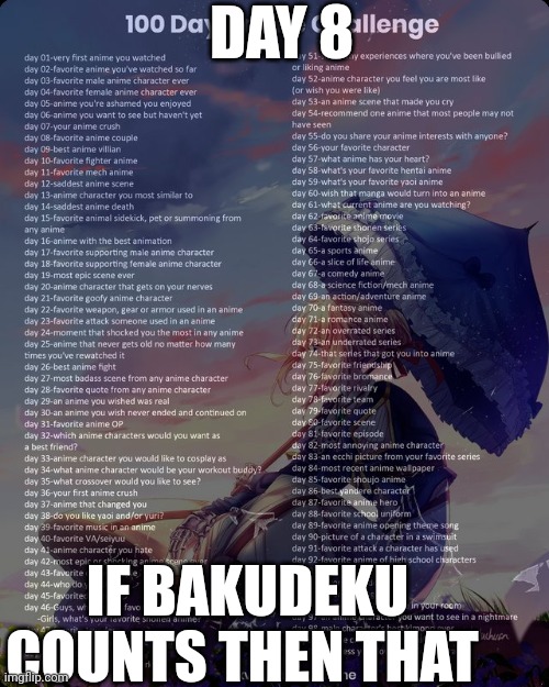 100 day anime challenge | DAY 8; IF BAKUDEKU COUNTS THEN THAT | image tagged in 100 day anime challenge | made w/ Imgflip meme maker