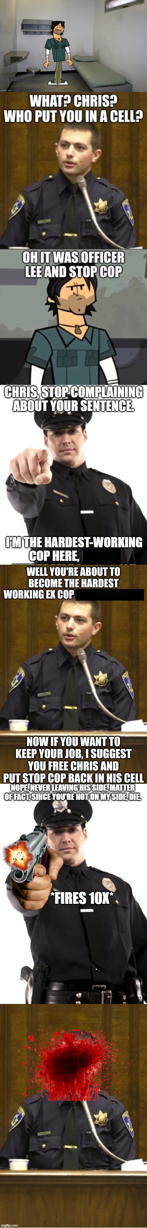 Forced Hits | NOPE, NEVER LEAVING HIS SIDE. MATTER OF FACT, SINCE YOU'RE NOT ON MY SIDE, DIE. *FIRES 10X* | image tagged in police,memes,police officer testifying | made w/ Imgflip meme maker