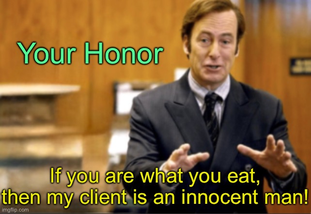 Saul Goodman defending | Your Honor; If you are what you eat, then my client is an innocent man! | image tagged in saul goodman defending | made w/ Imgflip meme maker