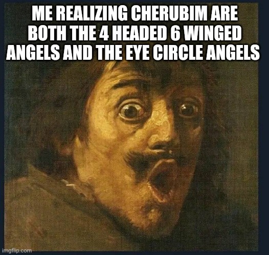 amazed | ME REALIZING CHERUBIM ARE BOTH THE 4 HEADED 6 WINGED ANGELS AND THE EYE CIRCLE ANGELS | image tagged in amazed | made w/ Imgflip meme maker