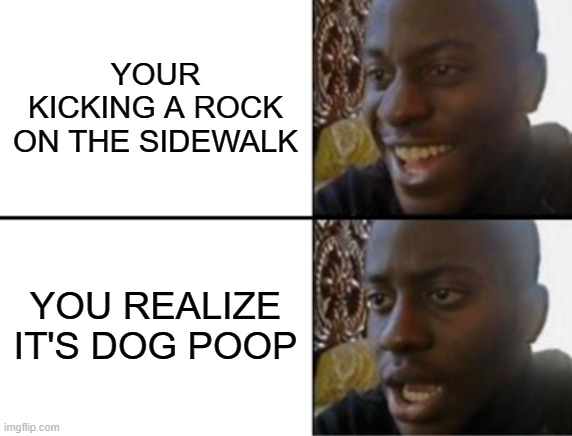 ugh just did this the other day | YOUR KICKING A ROCK ON THE SIDEWALK; YOU REALIZE IT'S DOG POOP | image tagged in oh yeah oh no | made w/ Imgflip meme maker