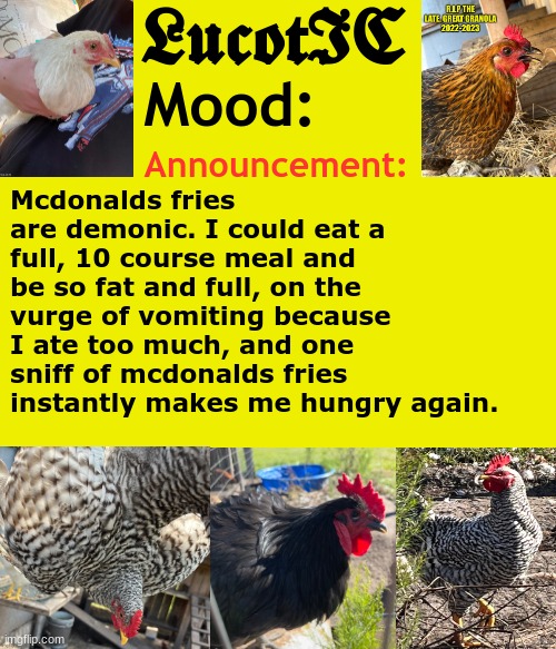 . | Mcdonalds fries are demonic. I could eat a full, 10 course meal and be so fat and full, on the vurge of vomiting because I ate too much, and one sniff of mcdonalds fries instantly makes me hungry again. | image tagged in lucotic's cocks announcement template | made w/ Imgflip meme maker