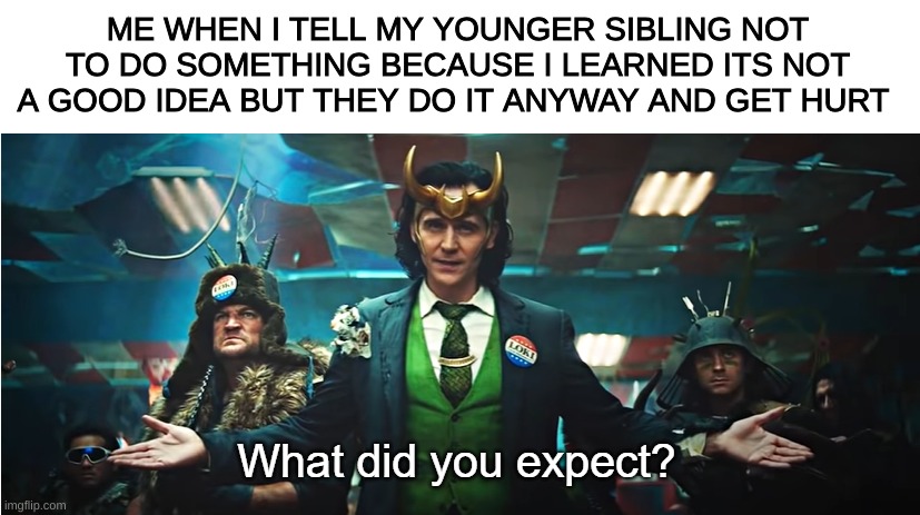 siblings bro | ME WHEN I TELL MY YOUNGER SIBLING NOT TO DO SOMETHING BECAUSE I LEARNED ITS NOT A GOOD IDEA BUT THEY DO IT ANYWAY AND GET HURT | image tagged in what did you expect,social media | made w/ Imgflip meme maker