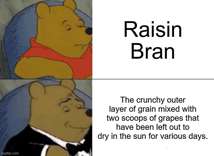 Tuxedo Winnie The Pooh | Raisin Bran; The crunchy outer layer of grain mixed with two scoops of grapes that have been left out to dry in the sun for various days. | image tagged in memes,tuxedo winnie the pooh | made w/ Imgflip meme maker