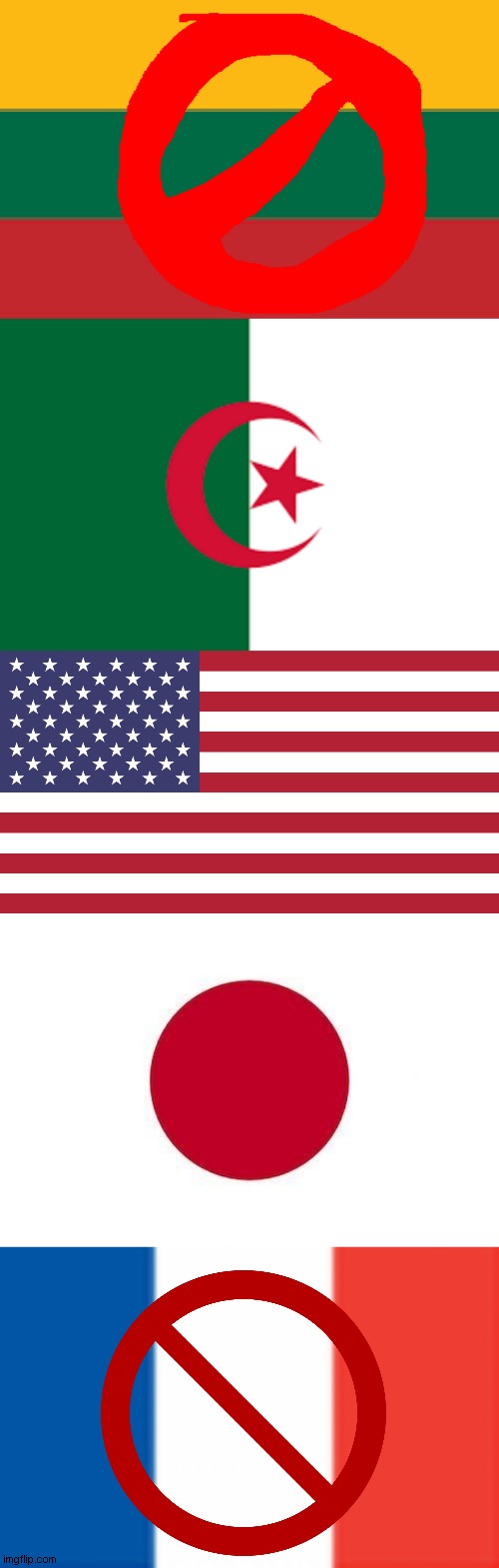 good country vs bad country | image tagged in ugly lithuanian,algeria,flag of usa,japan,france | made w/ Imgflip meme maker