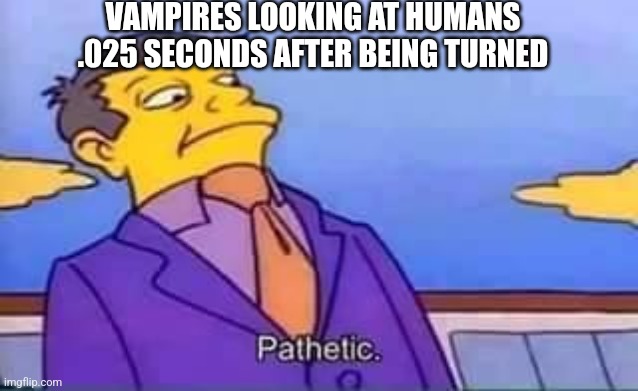Previously human mfers acting smug | VAMPIRES LOOKING AT HUMANS .025 SECONDS AFTER BEING TURNED | image tagged in skinner pathetic | made w/ Imgflip meme maker