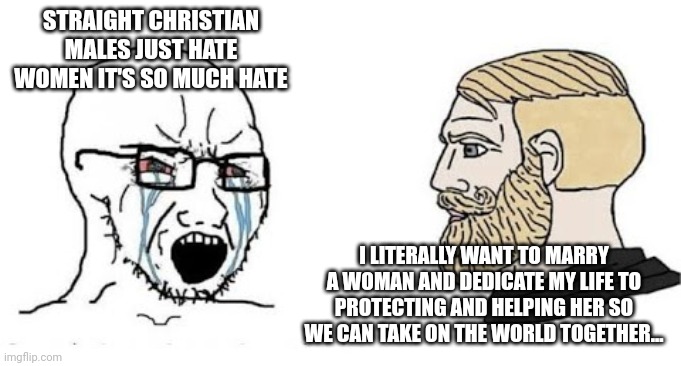 I guess it's about how you look at it | STRAIGHT CHRISTIAN MALES JUST HATE WOMEN IT'S SO MUCH HATE; I LITERALLY WANT TO MARRY A WOMAN AND DEDICATE MY LIFE TO PROTECTING AND HELPING HER SO WE CAN TAKE ON THE WORLD TOGETHER... | image tagged in soyjak vs chad,men vs women,triggered feminist,christianity,marriage | made w/ Imgflip meme maker