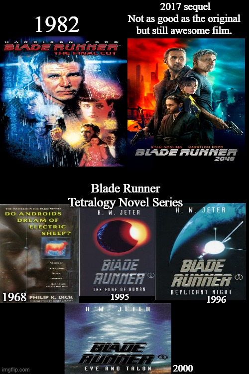 Blade Runner Movie Duology and Tetralogy Novel Series | 2017 sequel
Not as good as the original 
but still awesome film. 1982; Blade Runner 
Tetralogy Novel Series; 1968; 1995; 1996; 2000 | image tagged in blade runner 1982,do androids dream of electric sheep,harrison ford,ryan gosling,movies and novels,blade runner 2049 | made w/ Imgflip meme maker