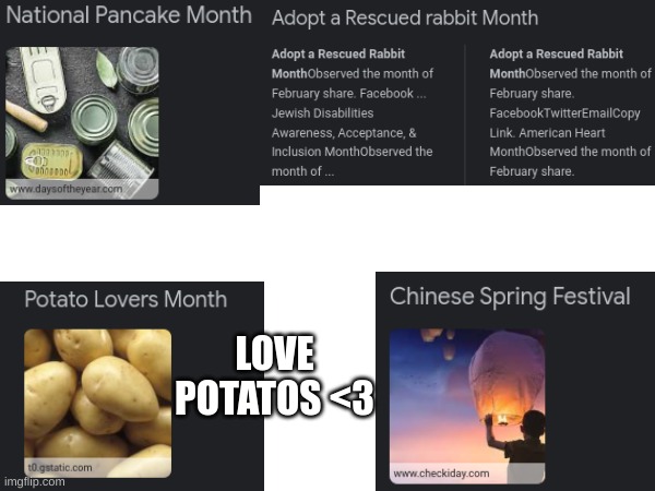 I saw a meme talking about holidays on their birthday, so I decided to search it up too, here are some of my favorites :) | LOVE POTATOS <3 | image tagged in potato lovers month,chinese spring festival,national pancake month,adopt a rescue rabbit month,feb 10 | made w/ Imgflip meme maker