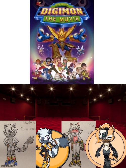 Shujaa,Tangle,Yukanna and Whisper watching Digimon the movie 2000 | image tagged in theater | made w/ Imgflip meme maker