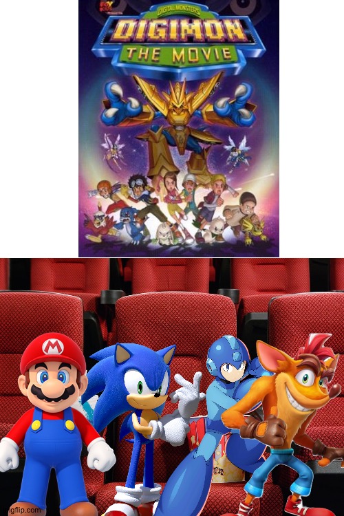 Mario,Sonic,Megaman and Crash watching Digimon the movie 2000 | image tagged in movie theater seat | made w/ Imgflip meme maker