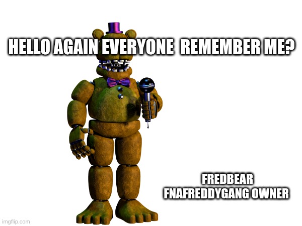 Im  back | HELLO AGAIN EVERYONE  REMEMBER ME? FREDBEAR
FNAFREDDYGANG OWNER | image tagged in memes | made w/ Imgflip meme maker