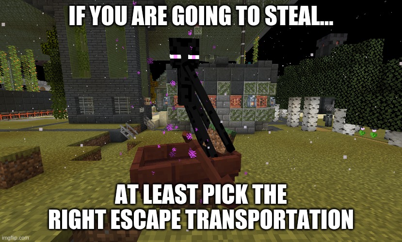 boat-jacking gone wrong | IF YOU ARE GOING TO STEAL... AT LEAST PICK THE RIGHT ESCAPE TRANSPORTATION | image tagged in minecraft,enderman,memes,stealing | made w/ Imgflip meme maker