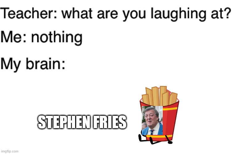 Teacher what are you laughing at | STEPHEN FRIES | image tagged in teacher what are you laughing at,stephen fry,bfdi,fries,memes,you have been eternally cursed for reading the tags | made w/ Imgflip meme maker