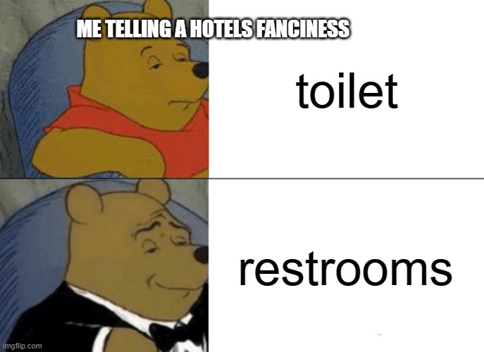 hotel fanciness test | ME TELLING A HOTELS FANCINESS; toilet; restrooms | image tagged in memes,tuxedo winnie the pooh | made w/ Imgflip meme maker