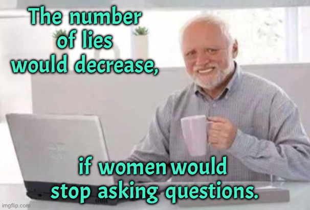 Stop the questions | The  number of  lies would  decrease, if  women would  stop  asking  questions. | image tagged in harold,lies,would decrease,women stopped,asking questions,fun | made w/ Imgflip meme maker