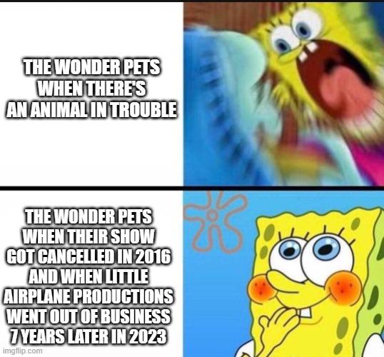 They took it too "sewiouswy". | THE WONDER PETS WHEN THERE'S AN ANIMAL IN TROUBLE; THE WONDER PETS WHEN THEIR SHOW GOT CANCELLED IN 2016 AND WHEN LITTLE AIRPLANE PRODUCTIONS WENT OUT OF BUSINESS 7 YEARS LATER IN 2023 | image tagged in animal,trouble,nickelodeon,cancelled,wonder,pets | made w/ Imgflip meme maker