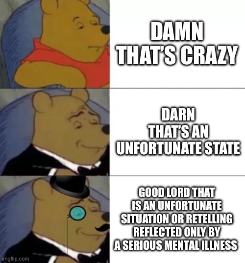 Part 1 | DAMN THAT’S CRAZY; DARN THAT’S AN UNFORTUNATE STATE; GOOD LORD THAT IS AN UNFORTUNATE SITUATION OR RETELLING REFLECTED ONLY BY A SERIOUS MENTAL ILLNESS | image tagged in fancy pooh,fancy | made w/ Imgflip meme maker