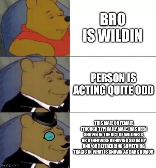 Part 2 | BRO IS WILDIN; PERSON IS ACTING QUITE ODD; THIS MALE OR FEMALE (THOUGH TYPICALLY MALE) HAS BEEN SHOWN IN THE ACT OF WILDNESS, OR OTHERWISE BEHAVING SEXUALLY AND/OR REFERENCING SOMETHING TRAGIC IN WHAT IS KNOWN AS DARK HUMOR | image tagged in fancy pooh,fancy | made w/ Imgflip meme maker