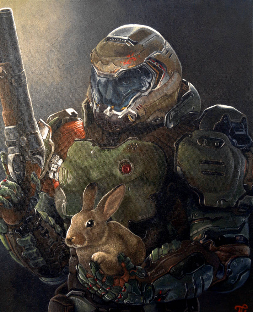 Doom guy holding a rabbit Blank Meme Template