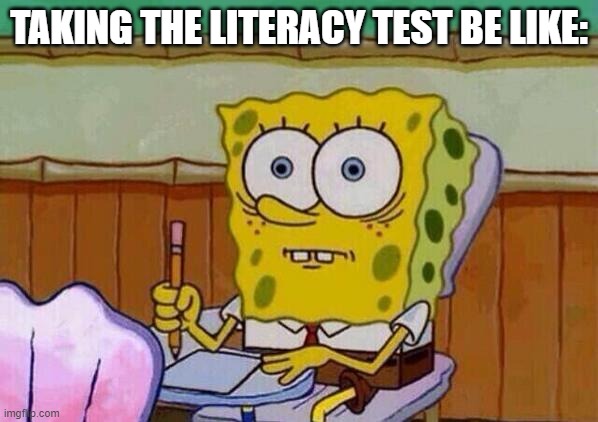 Spongebob taking test | TAKING THE LITERACY TEST BE LIKE: | image tagged in spongebob taking test | made w/ Imgflip meme maker