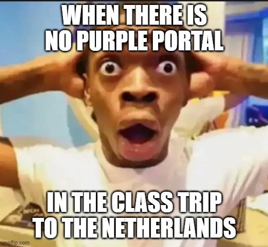 been playin' a bit to much MC | WHEN THERE IS NO PURPLE PORTAL; IN THE CLASS TRIP TO THE NETHERLANDS | image tagged in surprised black guy | made w/ Imgflip meme maker