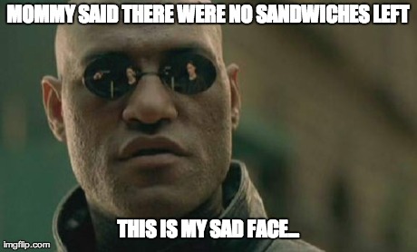 Matrix Morpheus Meme | MOMMY SAID THERE WERE NO SANDWICHES LEFT THIS IS MY SAD FACE... | image tagged in memes,matrix morpheus | made w/ Imgflip meme maker