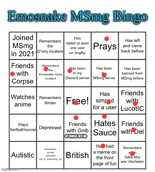 Emosnake MSmg Bingo | OF COURSE, HE’S ME | image tagged in emosnake msmg bingo | made w/ Imgflip meme maker