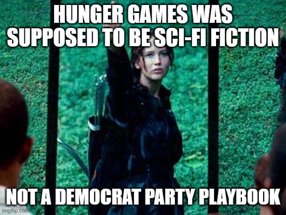 Hunger Games 2 | HUNGER GAMES WAS SUPPOSED TO BE SCI-FI FICTION NOT A DEMOCRAT PARTY PLAYBOOK | image tagged in hunger games 2 | made w/ Imgflip meme maker