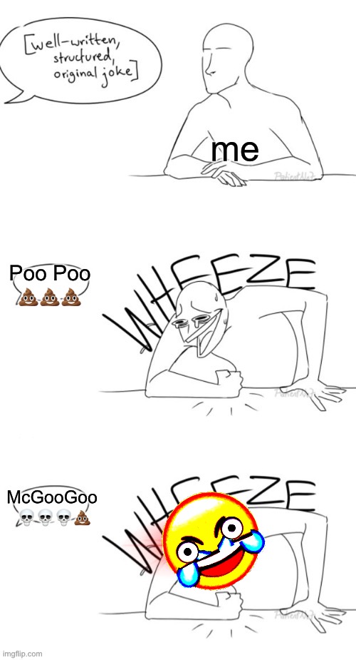 Whenever I Hear "McGooGoo" It Got My Asshole Dying ☠️ | me; Poo Poo
💩💩💩; McGooGoo 
💀💀💀💩 | image tagged in double wheeze,mcgoogoo,poop,funny | made w/ Imgflip meme maker