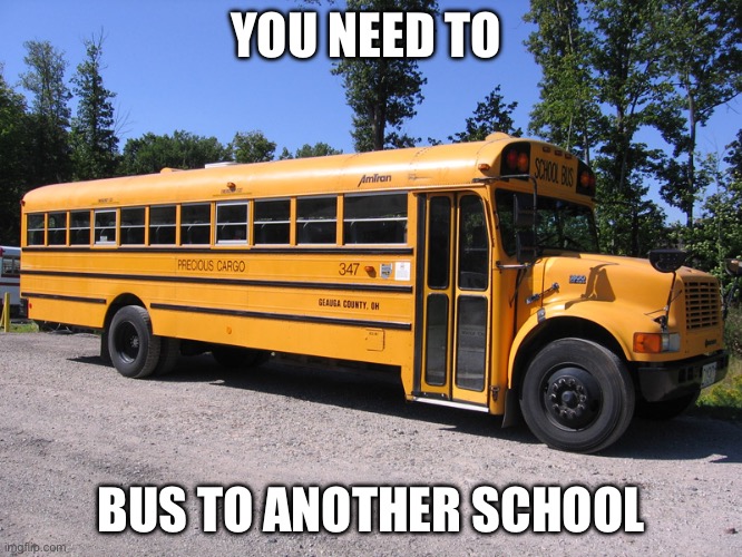 school bus | YOU NEED TO BUS TO ANOTHER SCHOOL | image tagged in school bus | made w/ Imgflip meme maker