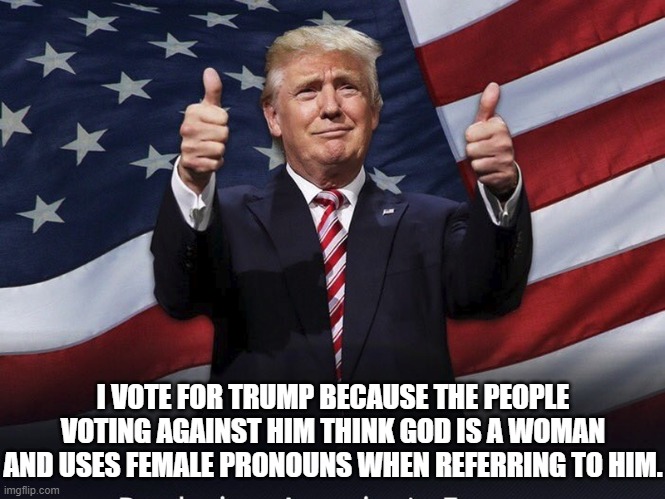 Democrats think god is a woman | I VOTE FOR TRUMP BECAUSE THE PEOPLE VOTING AGAINST HIM THINK GOD IS A WOMAN AND USES FEMALE PRONOUNS WHEN REFERRING TO HIM. | image tagged in donald trump thumbs up,betas,mentally ill | made w/ Imgflip meme maker