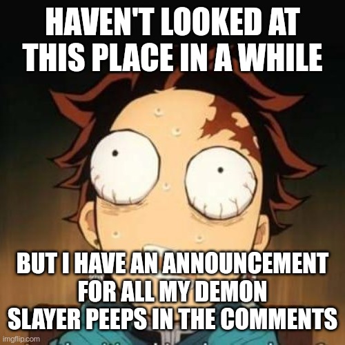 Yes, I'm back from the dead (for mods, this is an ad) | HAVEN'T LOOKED AT THIS PLACE IN A WHILE; BUT I HAVE AN ANNOUNCEMENT FOR ALL MY DEMON SLAYER PEEPS IN THE COMMENTS | image tagged in demon slayer tanjiro shocked | made w/ Imgflip meme maker