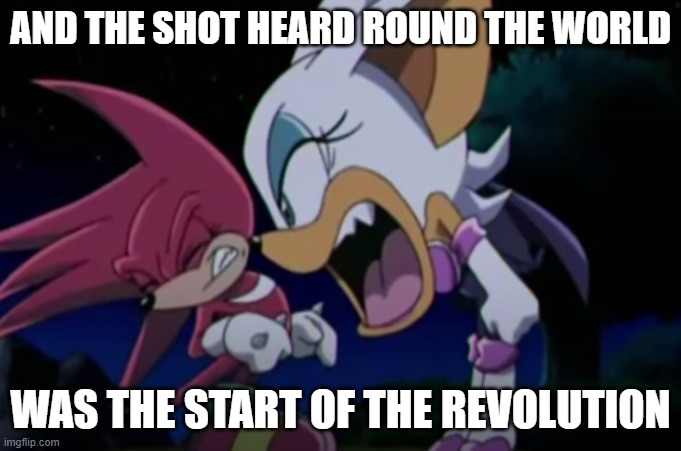 rouge yelling at knuckles | AND THE SHOT HEARD ROUND THE WORLD; WAS THE START OF THE REVOLUTION | image tagged in rouge yelling at knuckles | made w/ Imgflip meme maker