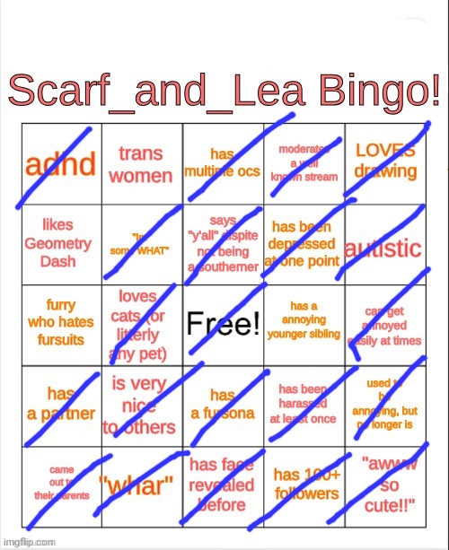 Scarf_and_Lea Bingo | image tagged in scarf_and_lea bingo | made w/ Imgflip meme maker