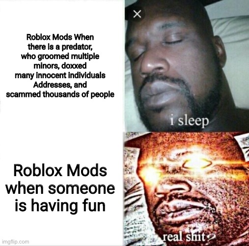 Yeah. | Roblox Mods When there is a predator, who groomed multiple minors, doxxed many innocent individuals Addresses, and scammed thousands of people; Roblox Mods when someone is having fun | image tagged in memes,sleeping shaq,roblox,mods | made w/ Imgflip meme maker