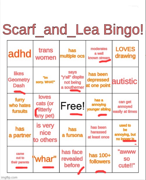 Scarf_and_Lea Bingo | image tagged in scarf_and_lea bingo | made w/ Imgflip meme maker