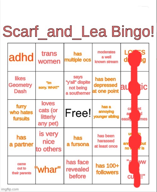 GOT ONE! | image tagged in scarf_and_lea bingo | made w/ Imgflip meme maker