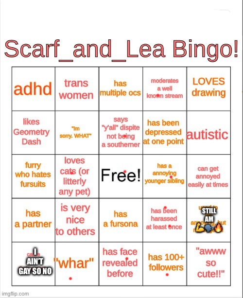 I suck at this | STILL AM 💪🗣️🔥; I AIN’T GAY SO NO | image tagged in scarf_and_lea bingo | made w/ Imgflip meme maker