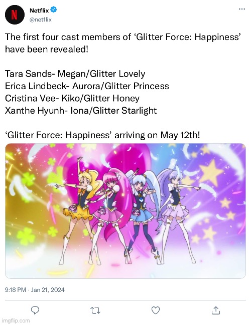 Another one (tweetgen) | image tagged in precure,glitter force,netflix,happiness charge precure | made w/ Imgflip meme maker
