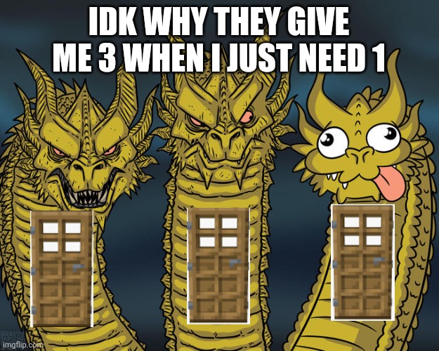 Three-headed Dragon | IDK WHY THEY GIVE ME 3 WHEN I JUST NEED 1 | image tagged in three-headed dragon,minecraft,minecraft memes,doors | made w/ Imgflip meme maker