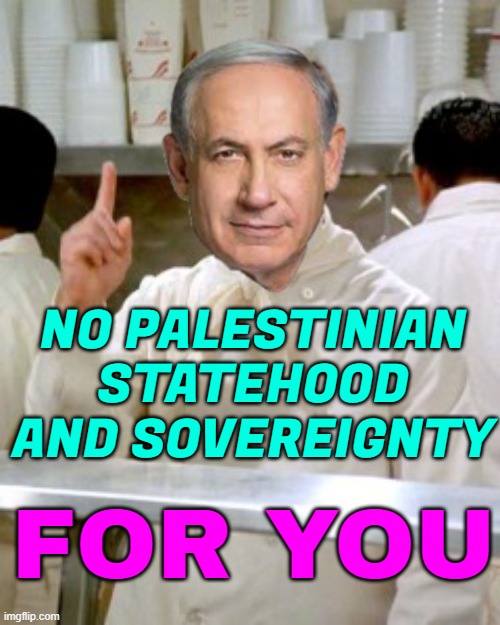 Netanyahu rejects Palestinian sovereignty | NO PALESTINIAN STATEHOOD
AND SOVEREIGNTY; FOR YOU | image tagged in no soup for you,palestine,genocide,creepy joe biden,politics lol,humanity | made w/ Imgflip meme maker
